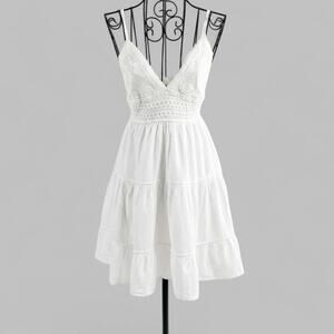 Blanco by Nature NWT White 100% Cotton Tiered Mini Dress Crochet Lace Size S
